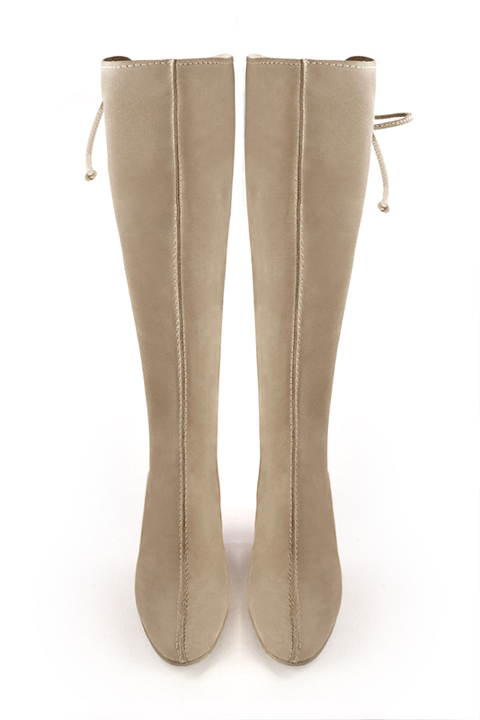 Tan beige women's knee-high boots, with laces at the back. Round toe. Low block heels. Made to measure. Top view - Florence KOOIJMAN